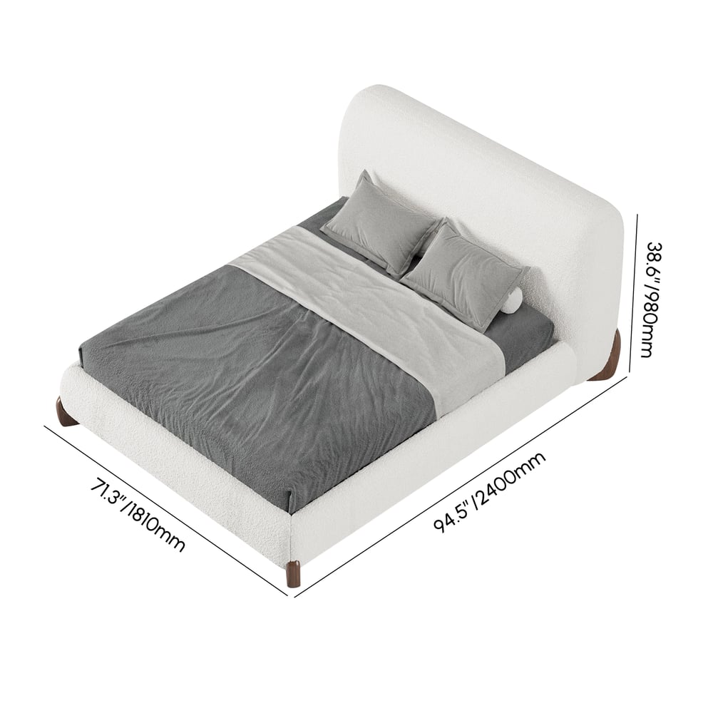 Curva Boucle King Upholstered Platform Bed with Walnut Legs weights dimensions image