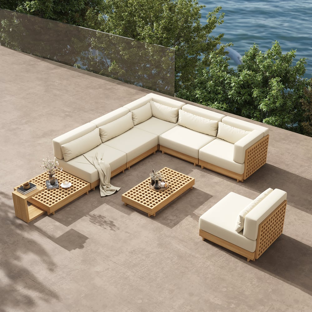 9-Pieces Premium Teak Modular L-Shaped Outdoor Sectional Sofa Set in Beige window image