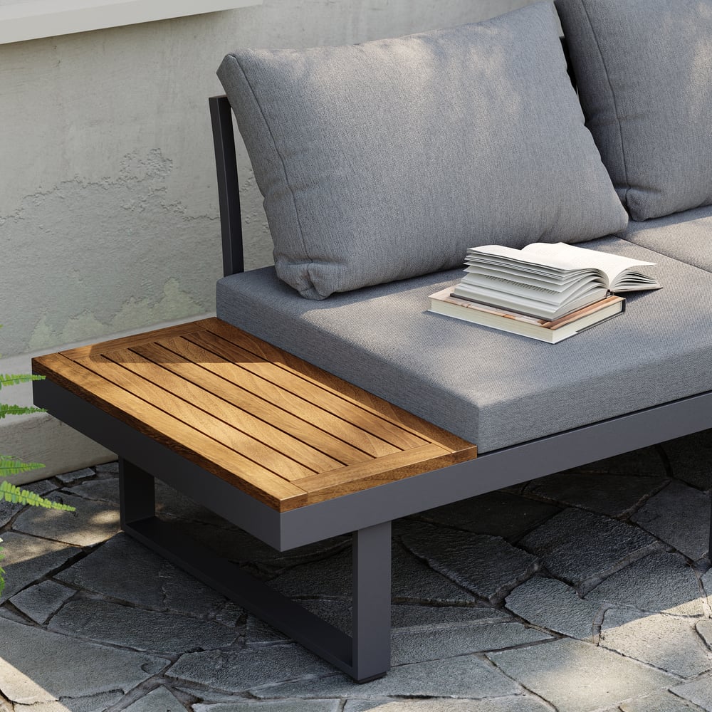 4-Pieces Outdoor Acacia Sectional Sofa Set with Cushion and Side Table