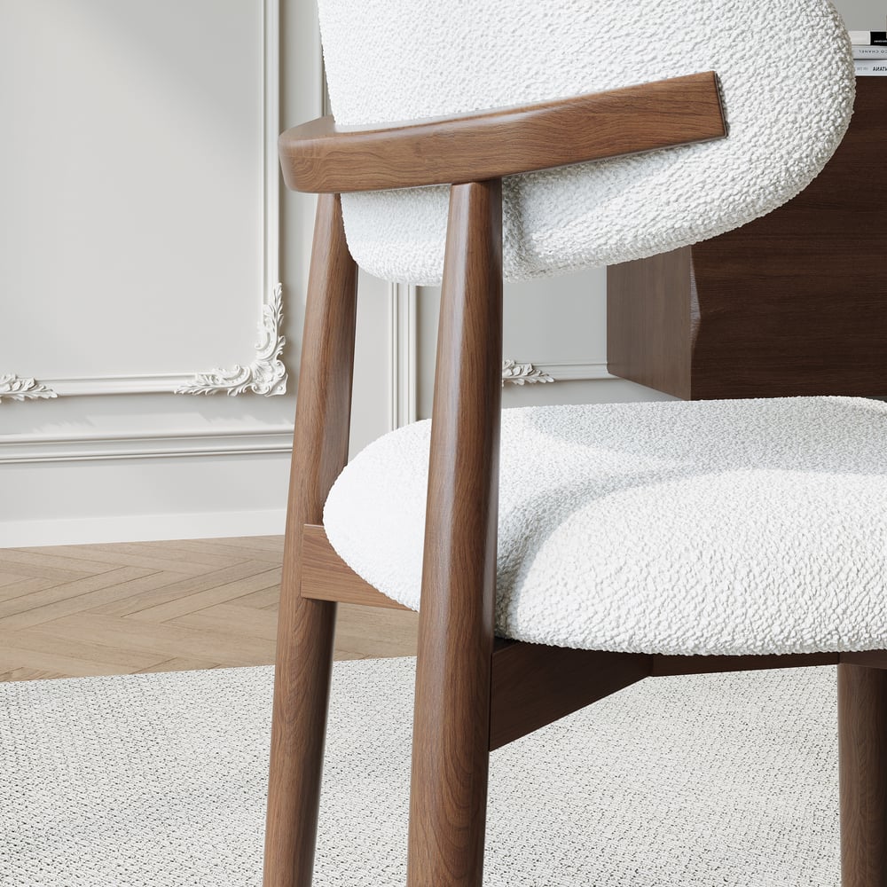 Modern Rubber Wood Walnut Dining Chair with Boucle Upholstery