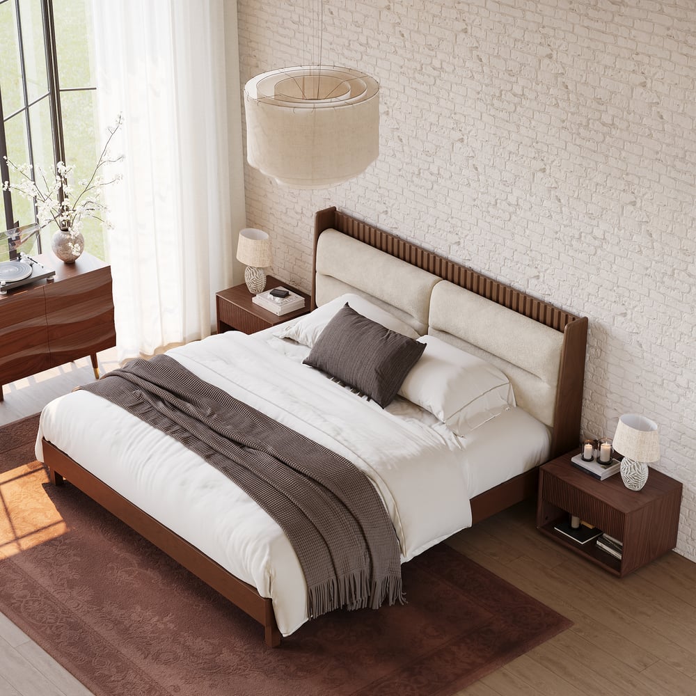 Modern Solid Wood King Upholstered Bed & 2 Fluted Nightstand Set with Charging Station window image