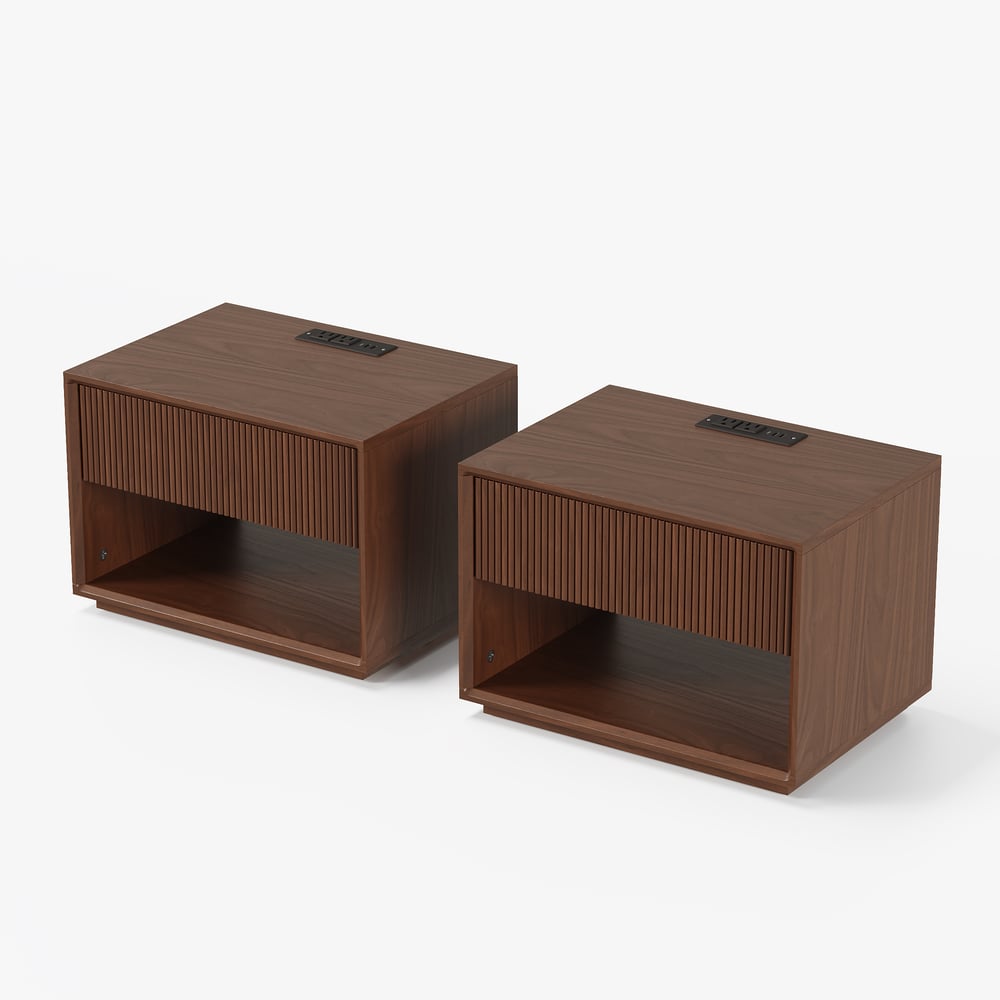 22" Walnut Floor Fluted Nightstand with Open Storage & Charging Station