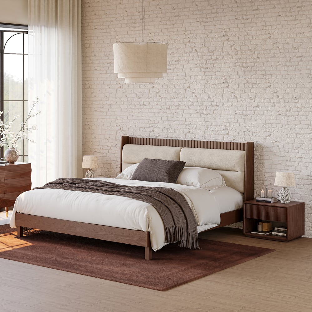 Modern Solid Wood King Upholstered Bed & 2 Fluted Nightstand Set with Charging Station window image