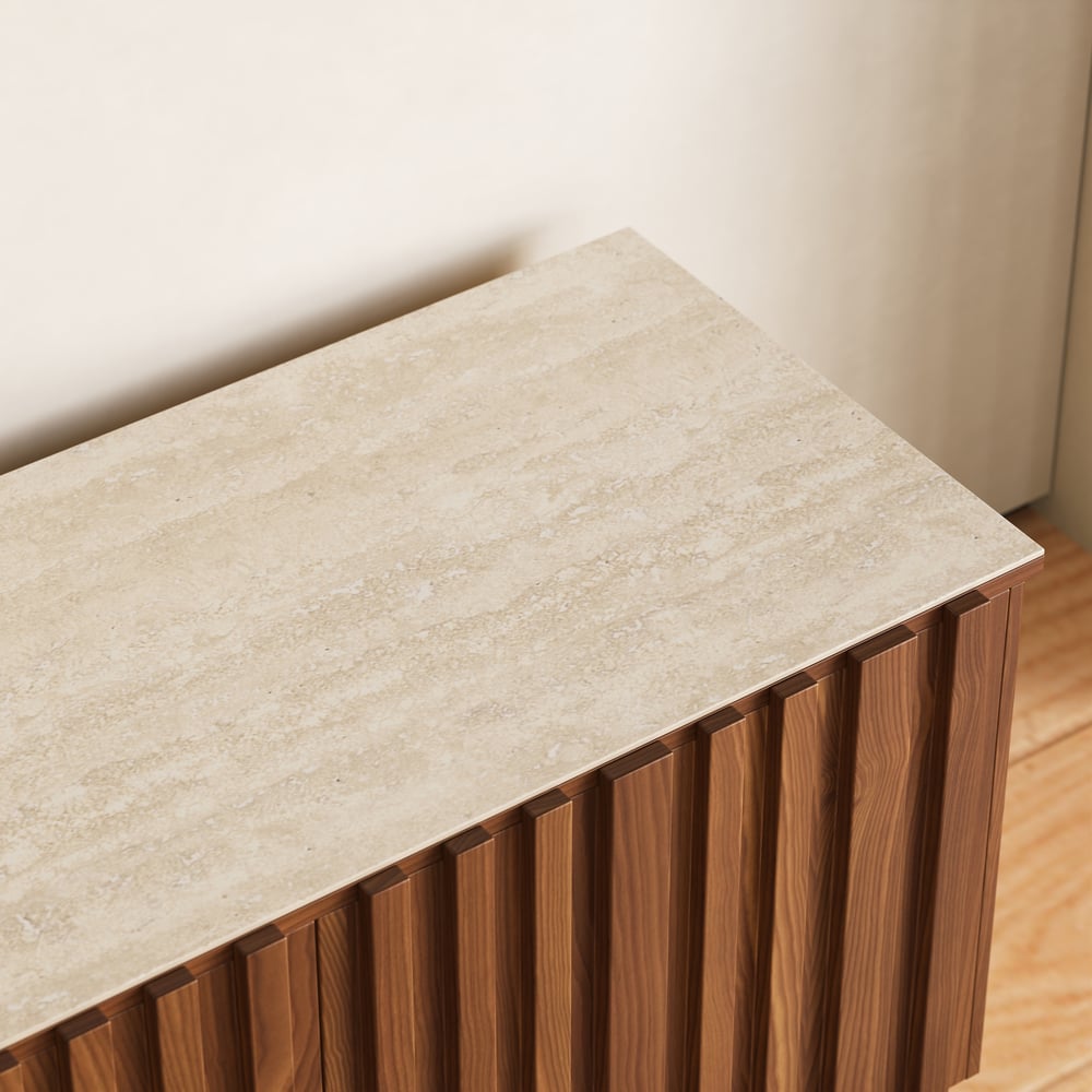 Aura 83" Ash Wood Slatted Walnut TV Stand Coffee Table Set with Sintered Stone Top window image