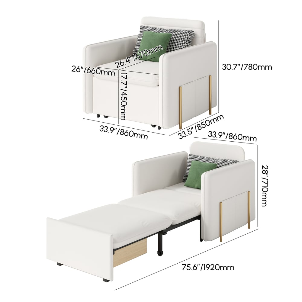 Upholstered 1-seater sofa bed in corduroy fabric - white weights dimensions image