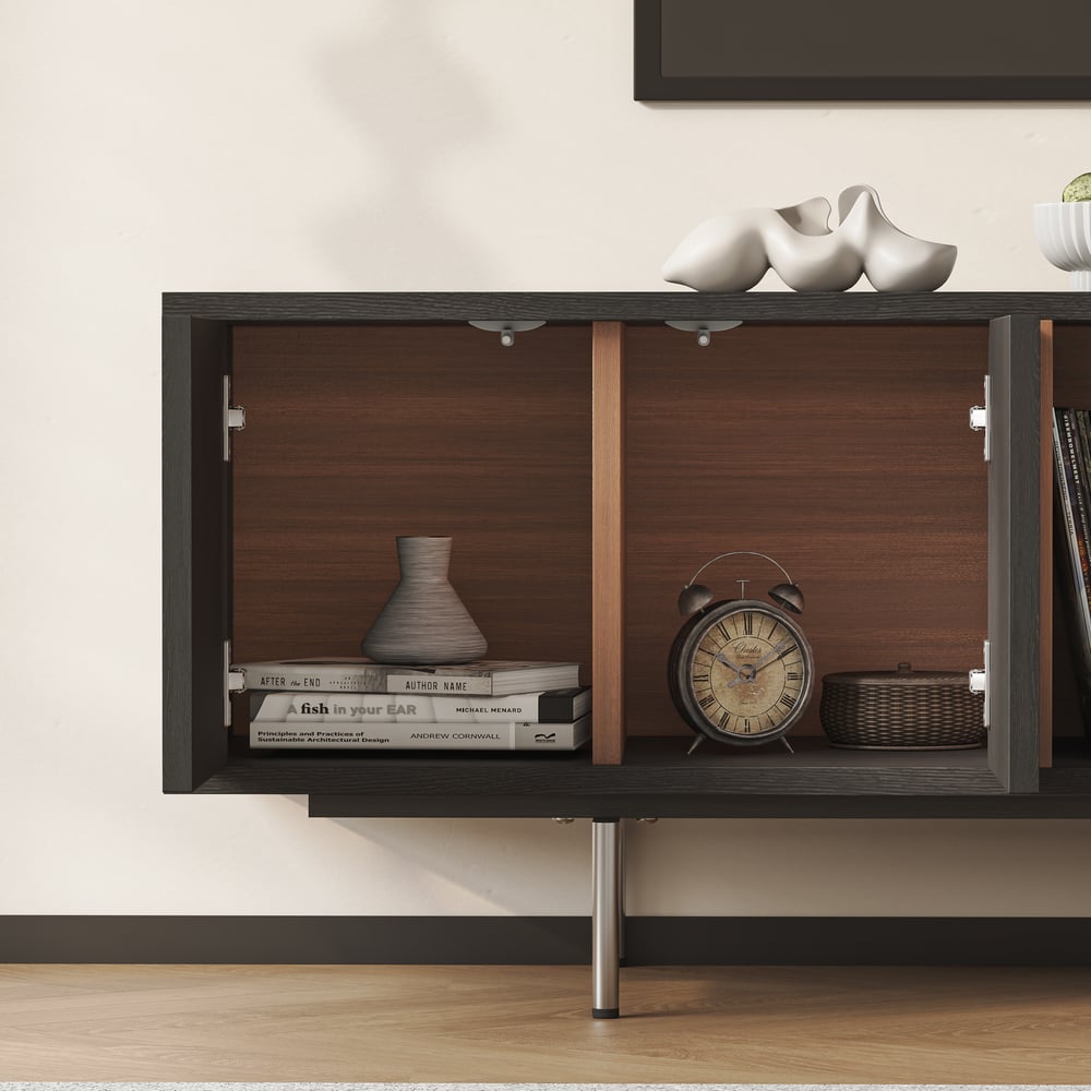 Modern 200 cm black TV lowboard with open storage space