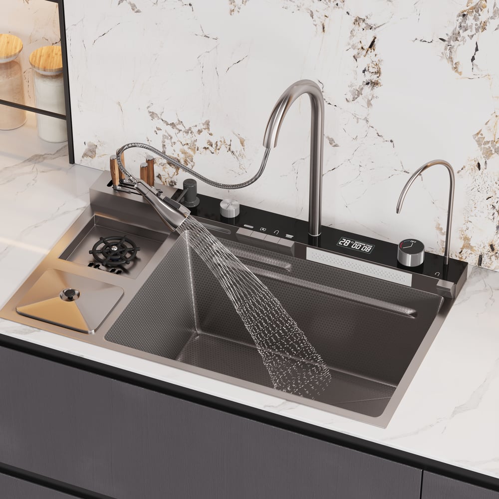 Flying Rain 29.5” Stainless Steel Waterfall Kitchen Sink With Pull-Down Faucet – Brushed Gold