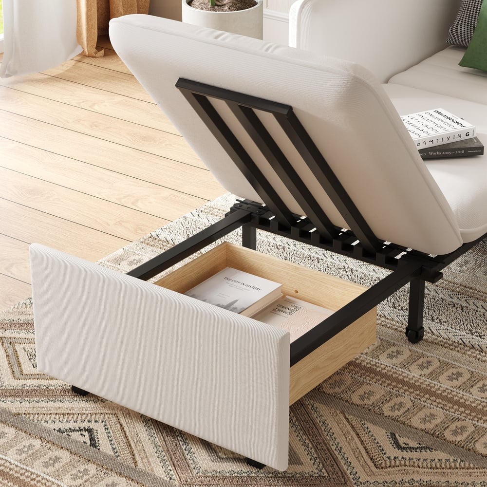 Upholstered 1-seater sofa bed in corduroy fabric - white window image