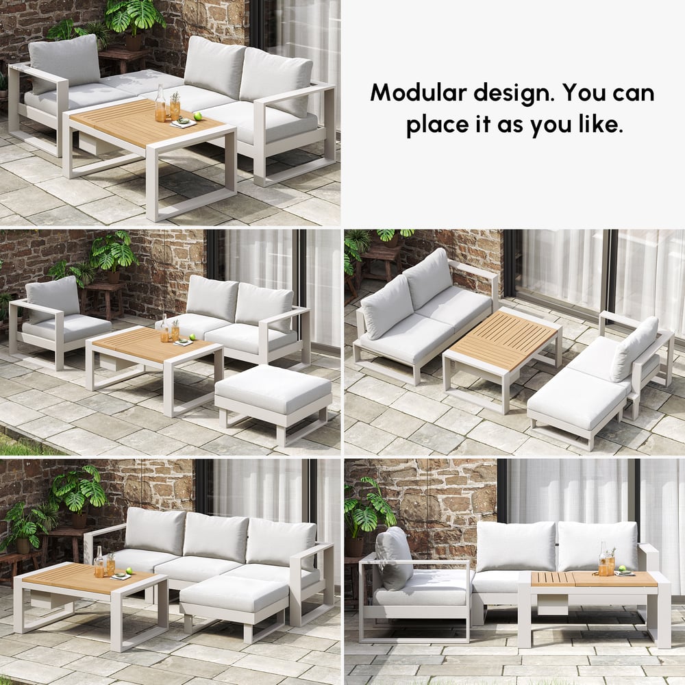 Ensemble de jardin avec 2 canapés, 1 chaise et 1 table basse en bois d'acacia et aluminium image de fenêtre