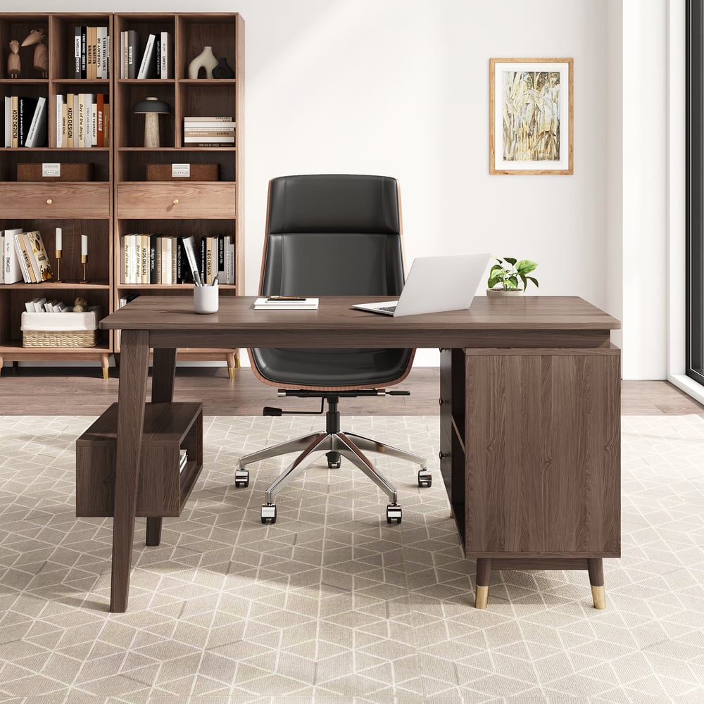 Ultic L Shaped Desk with Drawers, 47.2" Walnut Computer Desk Home Office window image