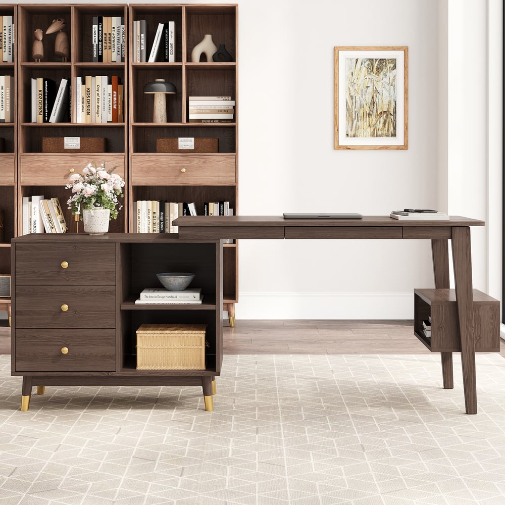 Ultic L Shaped Desk with Drawers, 47.2" Walnut Computer Desk Home Office window image
