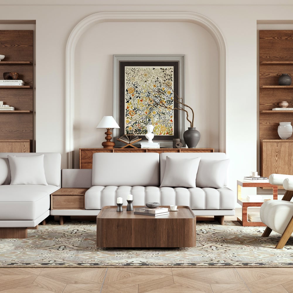 126" modulární kožená sekční sedací souprava ve tvaru písmene L s 35" čtvercovým konferenčním stolkem obrázek okna