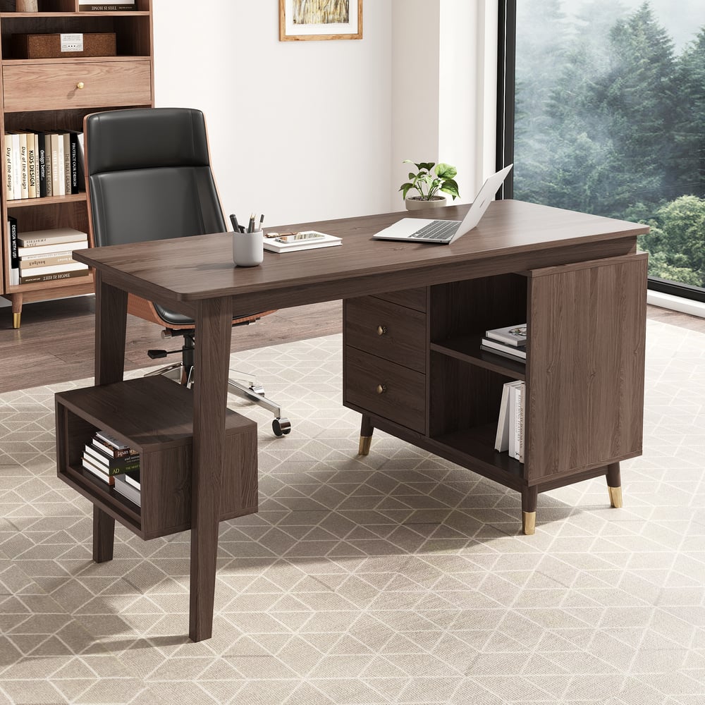 Ultic L Shaped Desk with Drawers, 47.2" Walnut Computer Desk Home Office window image
