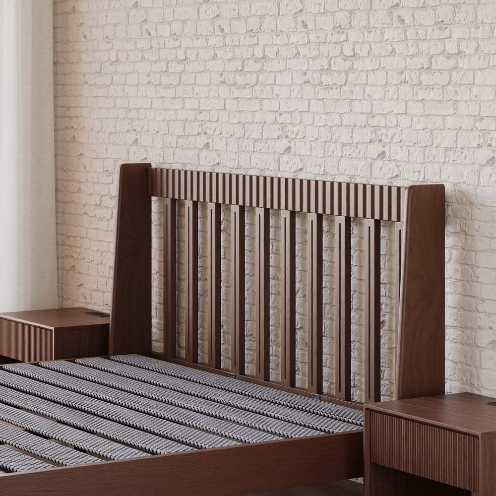 Modern Walnut King Size Solid Wood Bed with Boucle Headboard Pillows