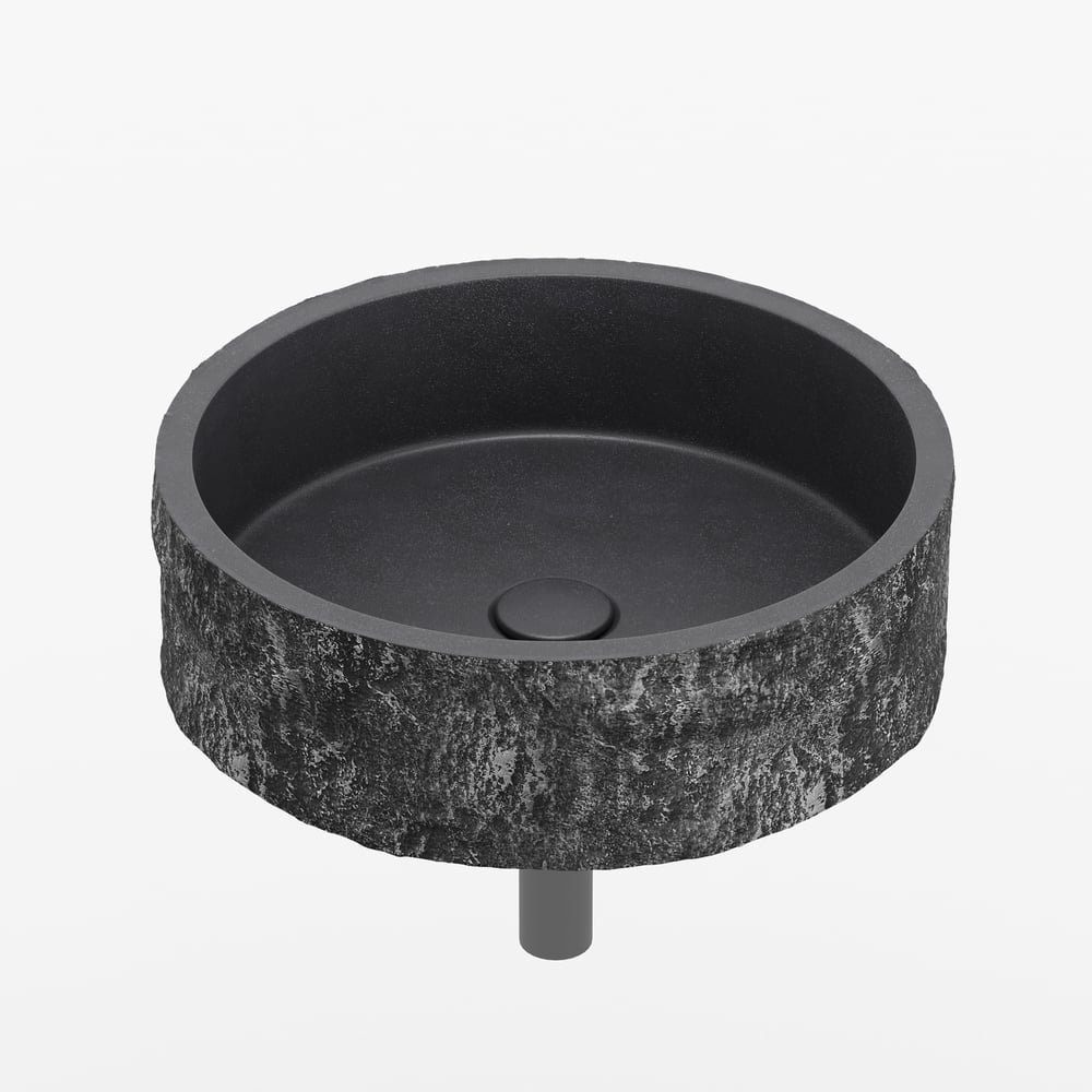 Black Concrete Vessel Sink Modern Stone-Textured Round Bathroom Sink