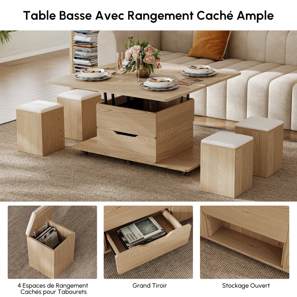 Table basse naturelle pliable à plateau relevable de 1000 mm avec 4 tabourets et rangement