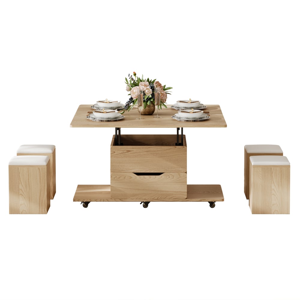 Table basse naturelle pliable à plateau relevable de 1000 mm avec 4 tabourets et rangement