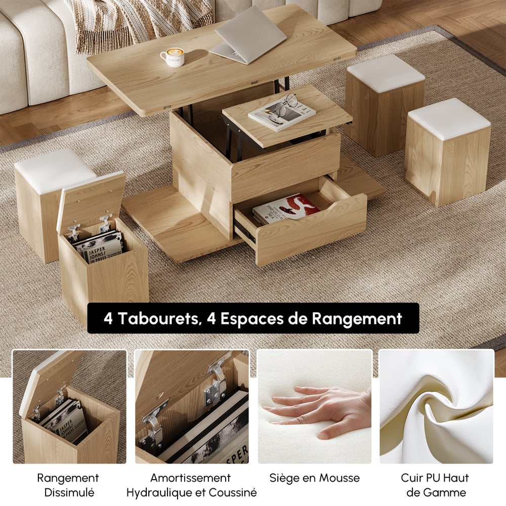 Table basse naturelle pliable à plateau relevable de 1000 mm avec 4 tabourets et rangement