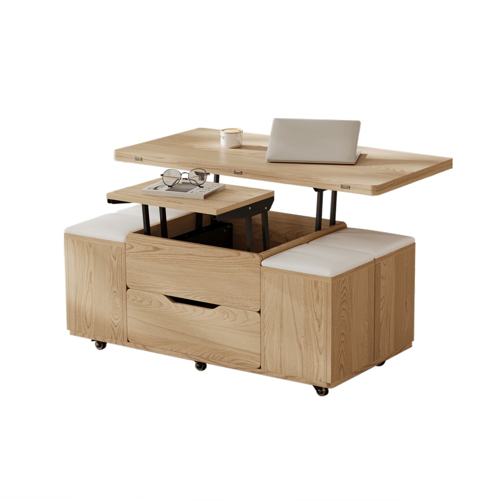Table basse naturelle pliable à plateau relevable de 1000 mm avec 4 tabourets et rangement