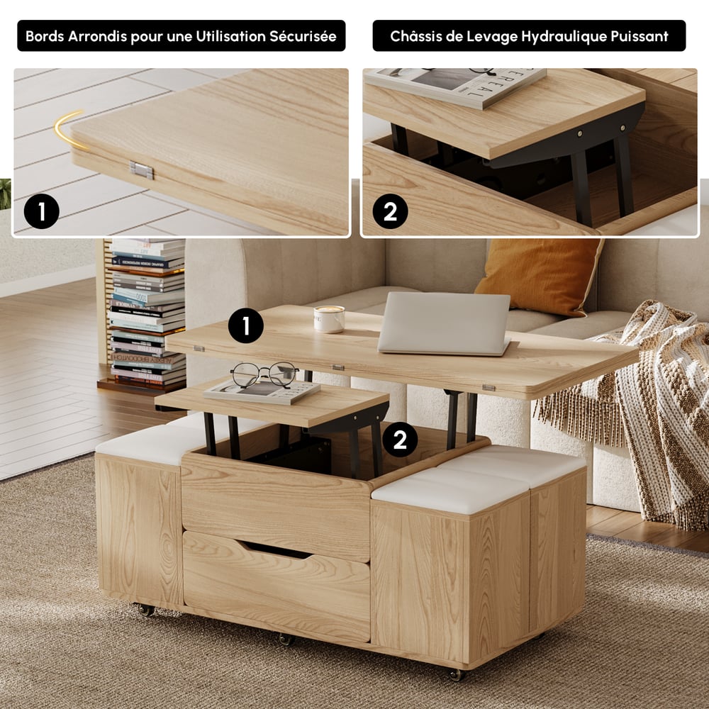 Table basse naturelle pliable à plateau relevable de 1000 mm avec 4 tabourets et rangement