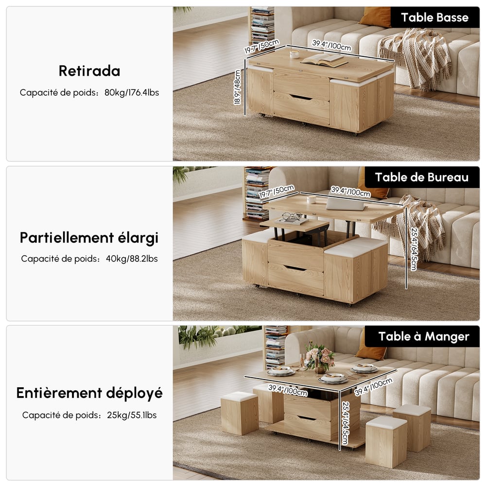 Table basse naturelle pliable à plateau relevable de 1000 mm avec 4 tabourets et rangement