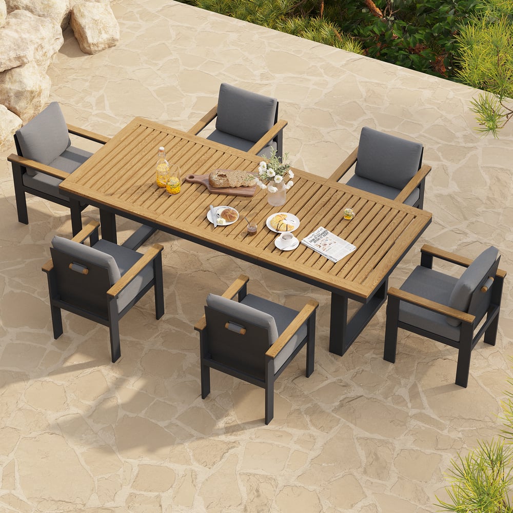 7 Pieces Rectangle Wood & Aluminum Outdoor Patio Dining Set for 6 Person