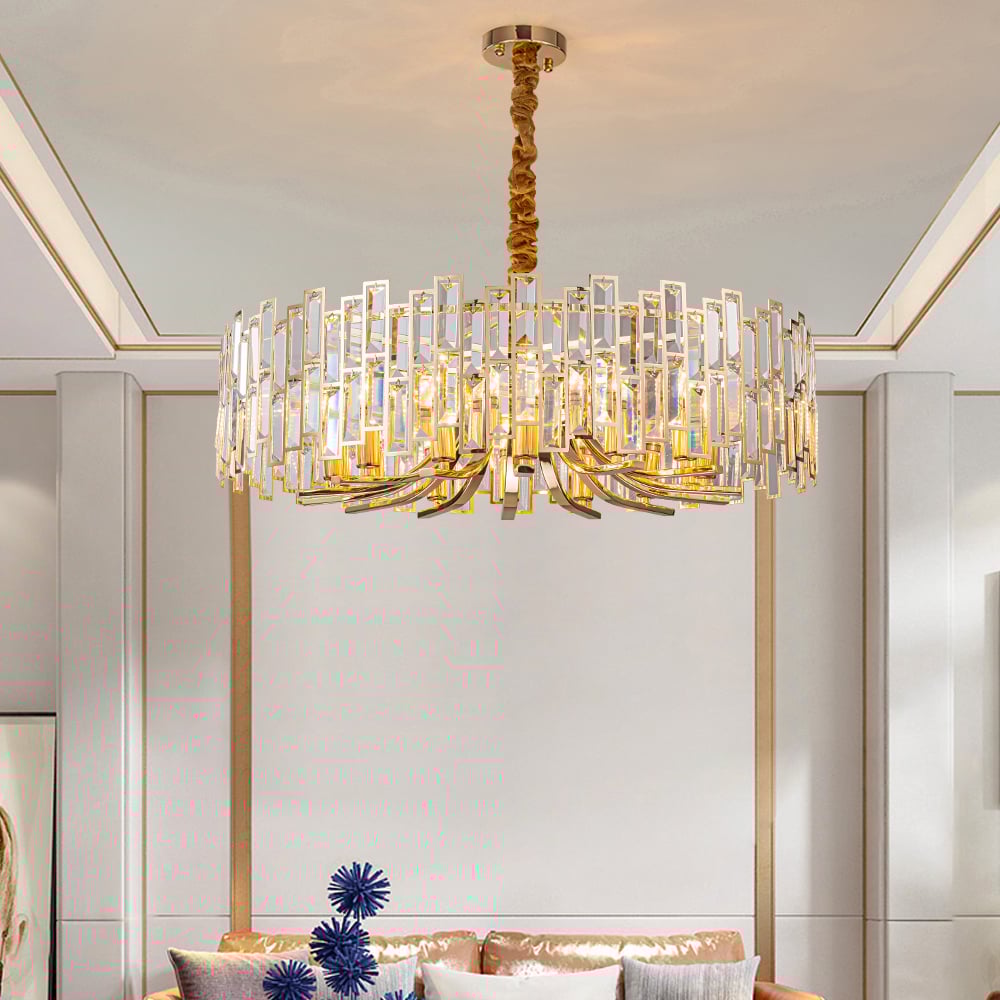 Clytia Modern Geometric Crystal Chandelier 14-Light with Adjustable Chain in Gold window image