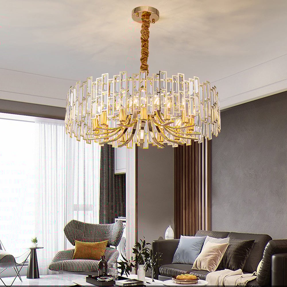 Clytia Modern Geometric Crystal Chandelier 14-Light with Adjustable Chain in Gold window image