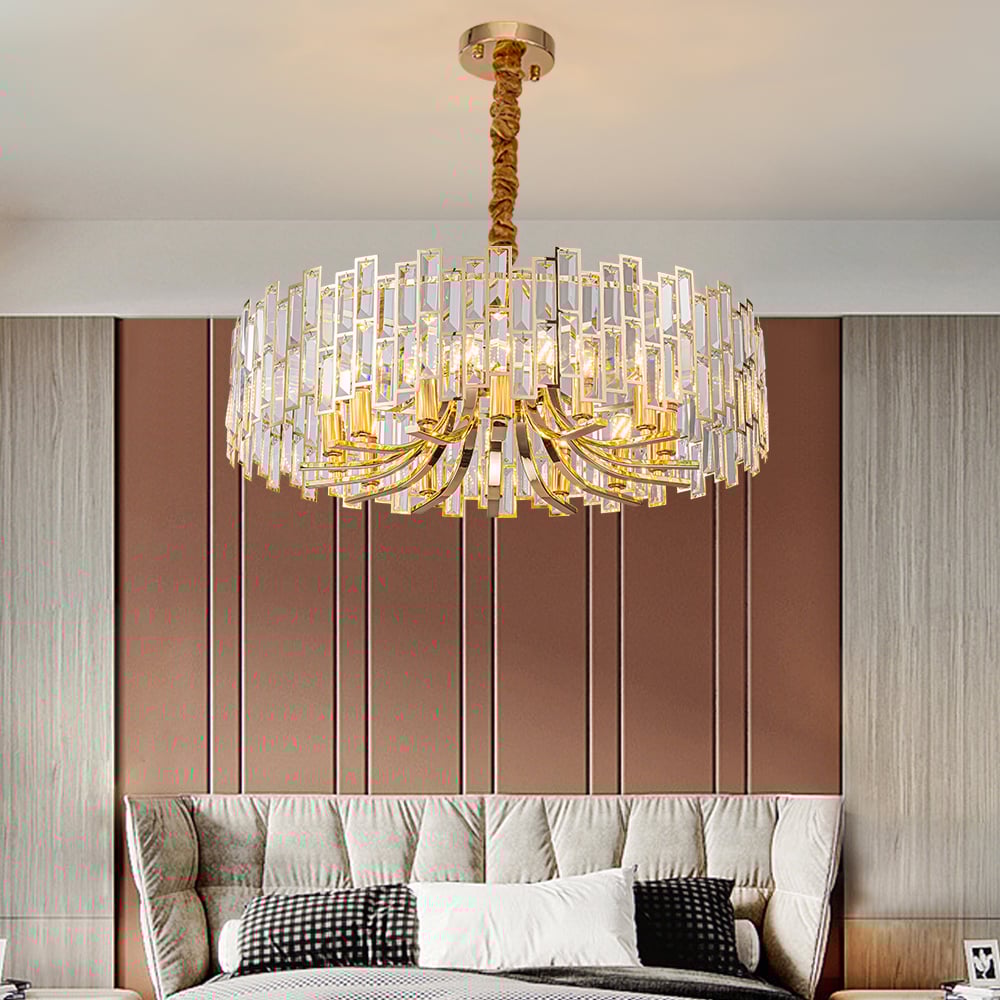 Clytia Modern Geometric Crystal Chandelier 14-Light with Adjustable Chain in Gold window image