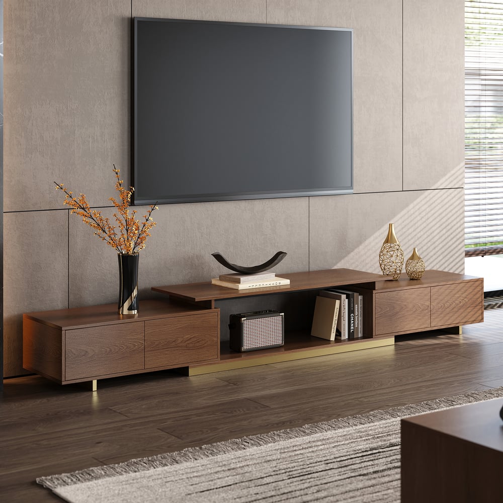 Mordelle Glossy Walnut Extendable TV Stand & Coffee Table Set window image