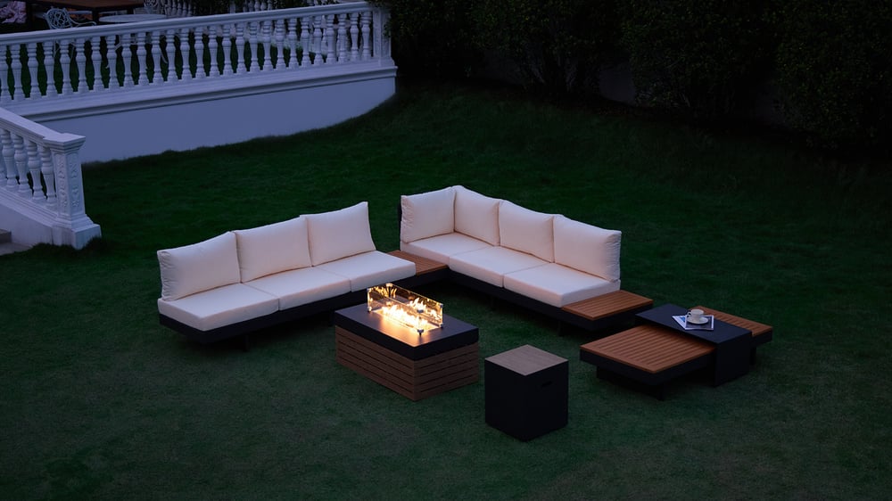 Ensemble de canapé de jardin 6 places en aluminium beige et bois de teck avec fonction d'inclinaison image de fenêtre