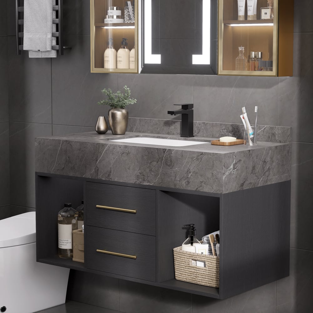 Modern 900 mm Floating Washbasin with Sintered Stone Sink and 2 Drawers window image