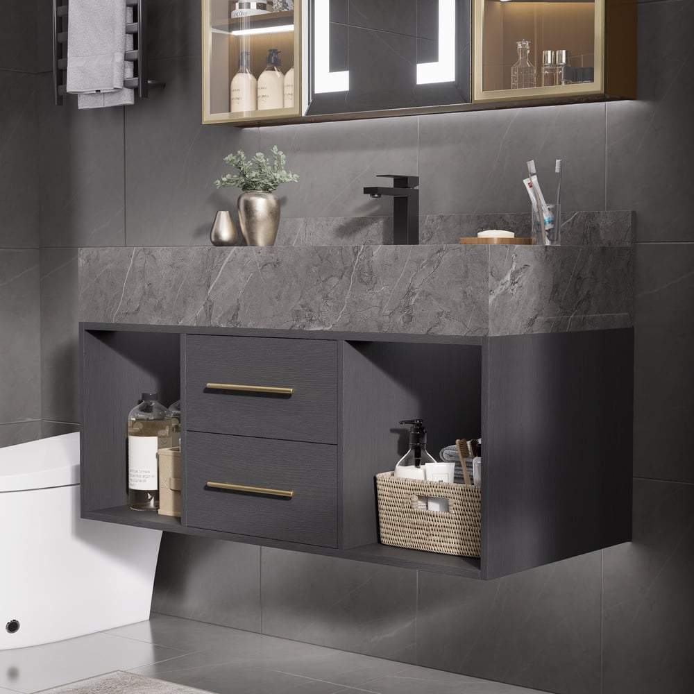 Modern 900 mm Floating Washbasin with Sintered Stone Sink and 2 Drawers window image