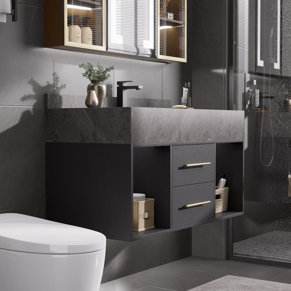 Modern 900 mm Floating Washbasin with Sintered Stone Sink and 2 Drawers window image