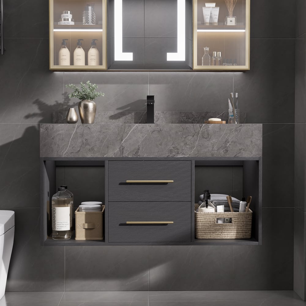 Modern 900 mm Floating Washbasin with Sintered Stone Sink and 2 Drawers window image