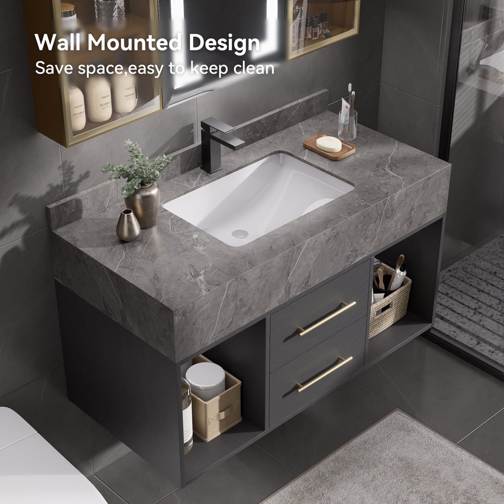 Modern 900 mm Floating Washbasin with Sintered Stone Sink and 2 Drawers window image