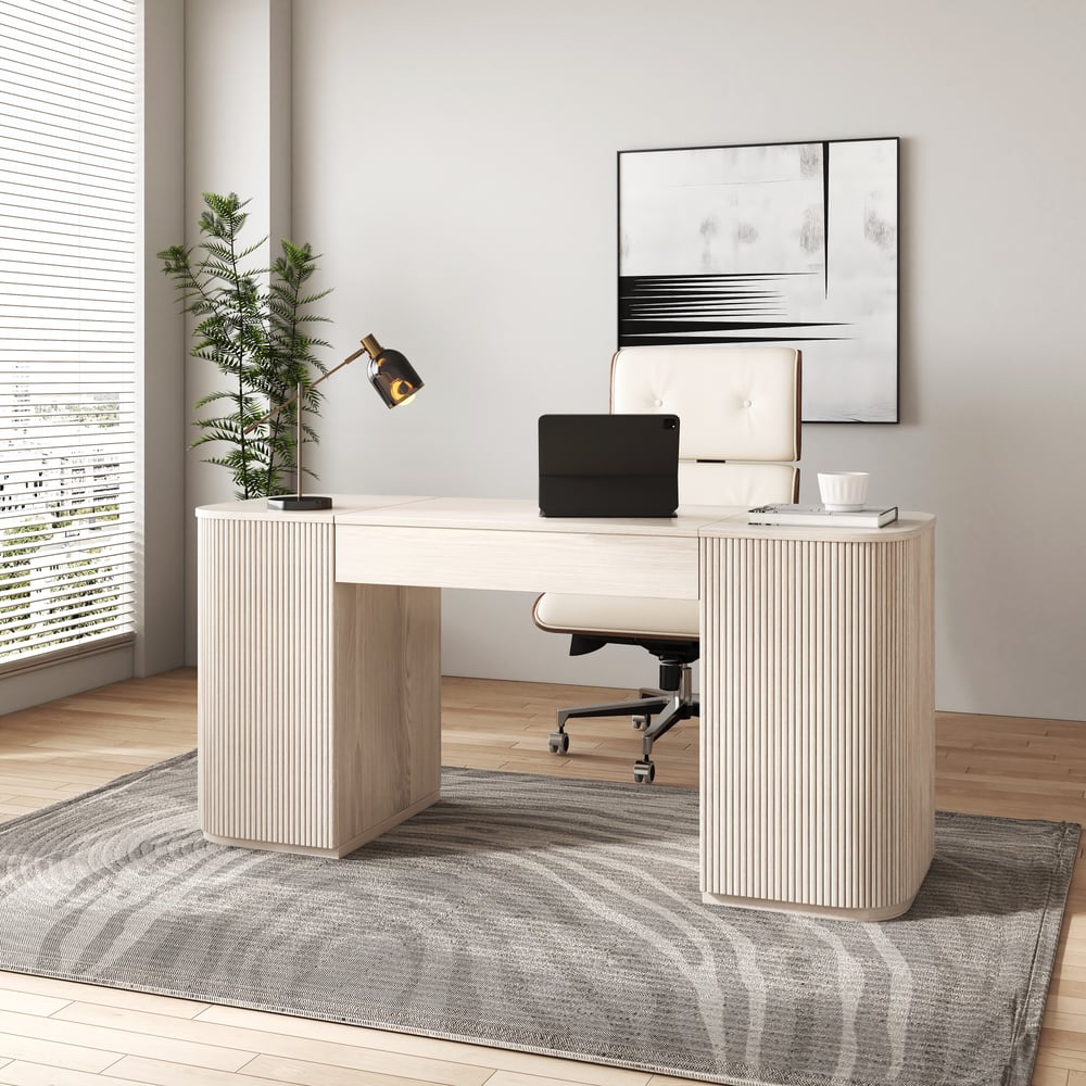 Modern Wash White Standing Computer Desk with 2 Doors and Storage Office Desk (59.8" )