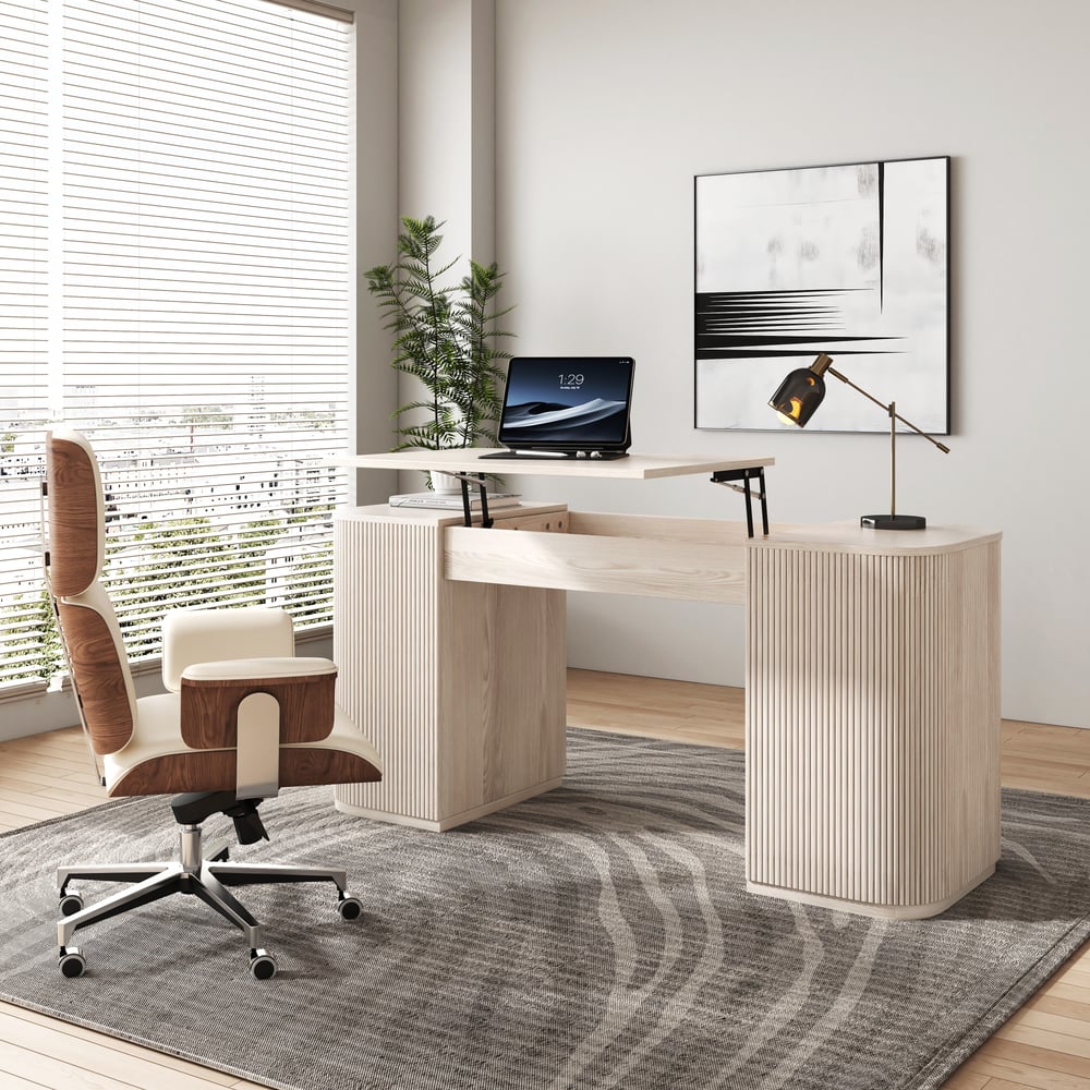 Modern Wash White Standing Computer Desk & Upholstered Swivel Task Chair Set (59.8" ) window image