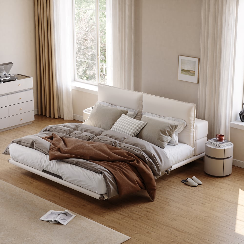 Modern Leather King Size Floating Bedroom Set with Light & Adjustable Headboard window image