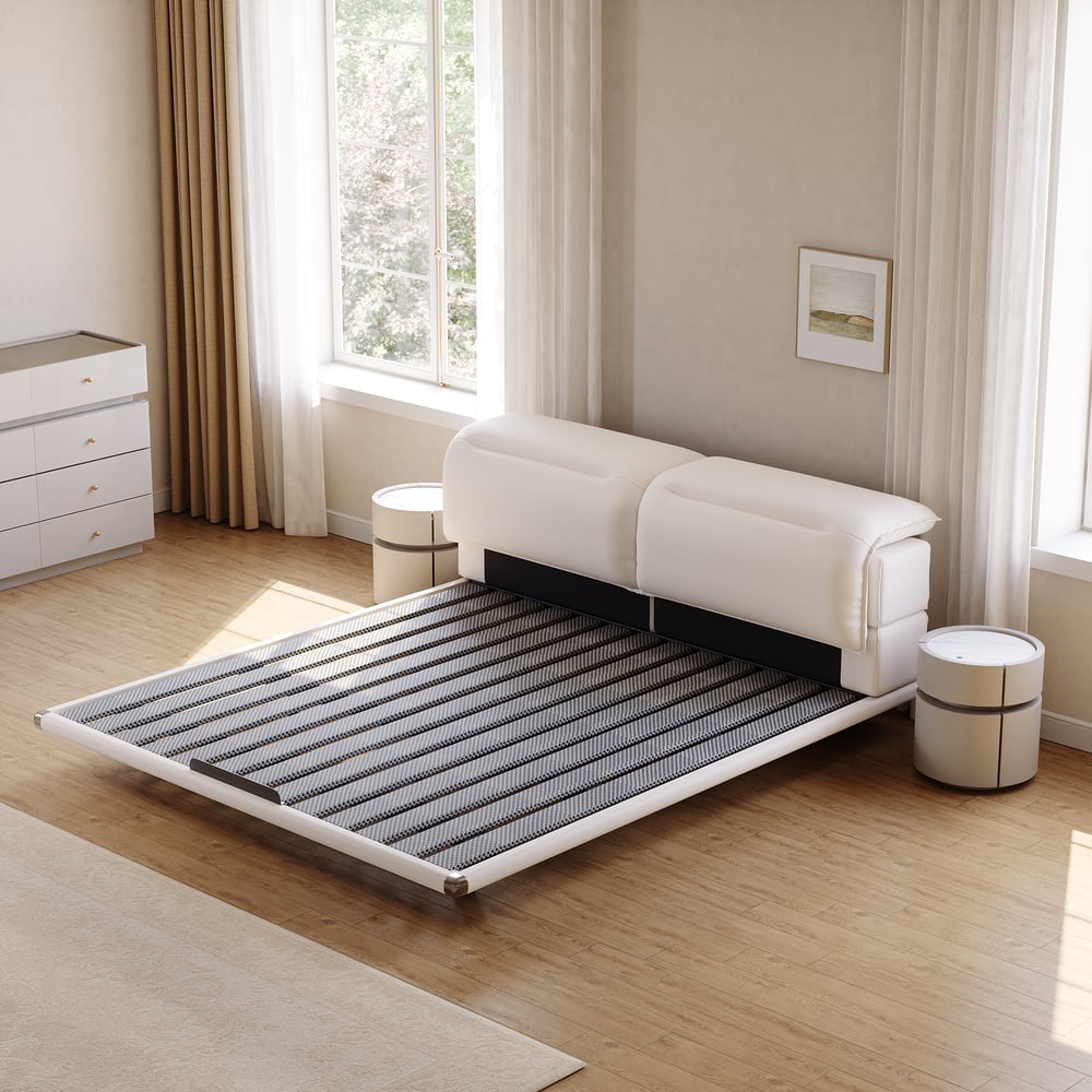 Modern Leather King Size Floating Bedroom Set with Light & Adjustable Headboard window image