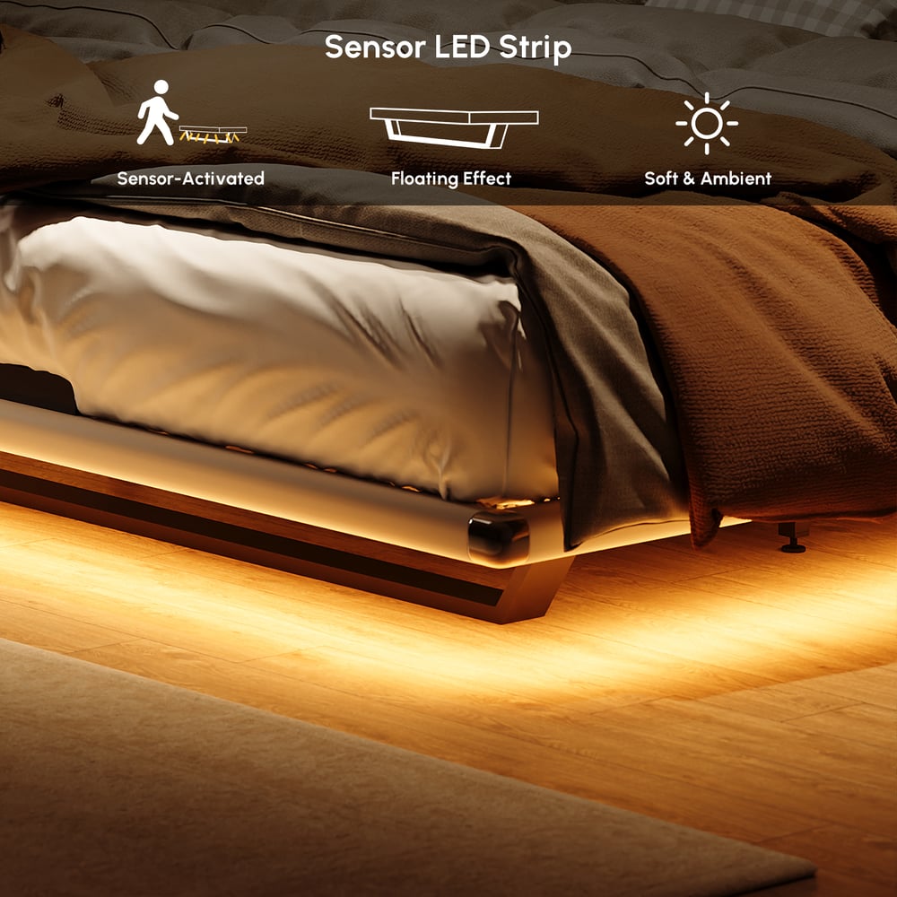 Modern Leather King Size Floating Bedroom Set with Light & Adjustable Headboard window image