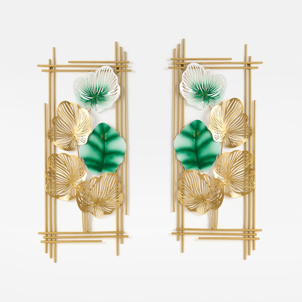 860mm 2 Pieces Metal Leaf Framed Wall Decor Gold & Green Rectangle in Living Room