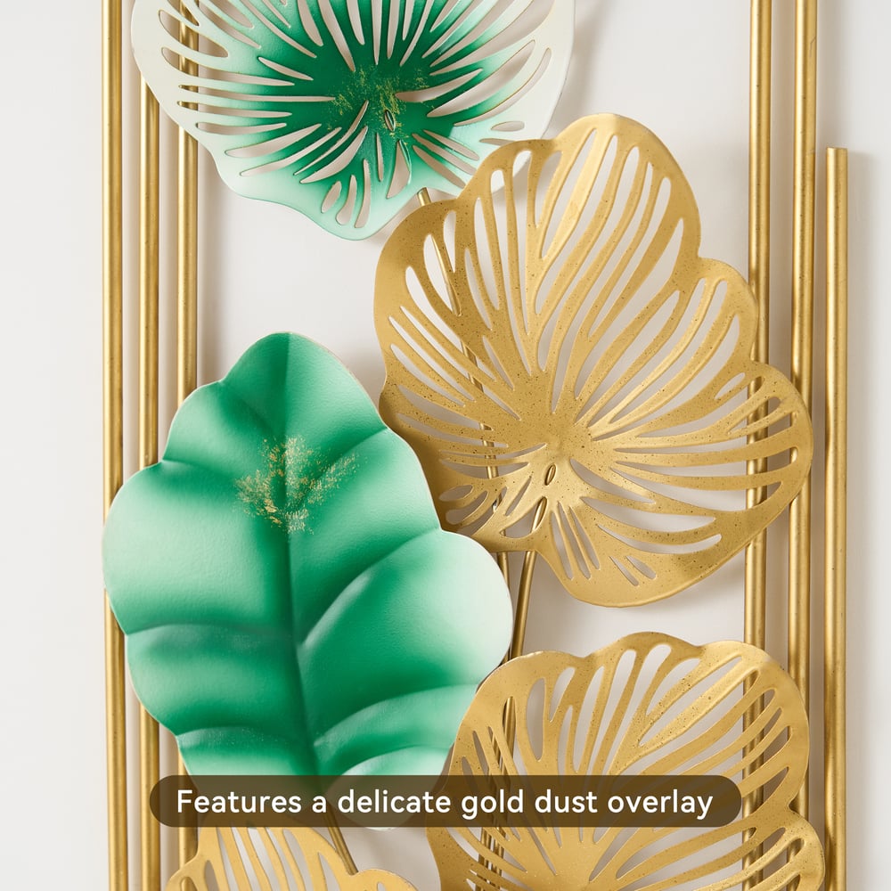 860mm 2 Pieces Metal Leaf Framed Wall Decor Gold & Green Rectangle in Living Room