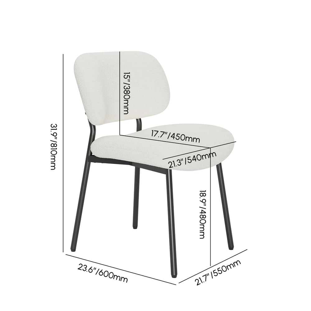 Sedia da pranzo moderna bianca Boucle con gambe in metallo, set di 2 Immagine con pesi e dimensioni