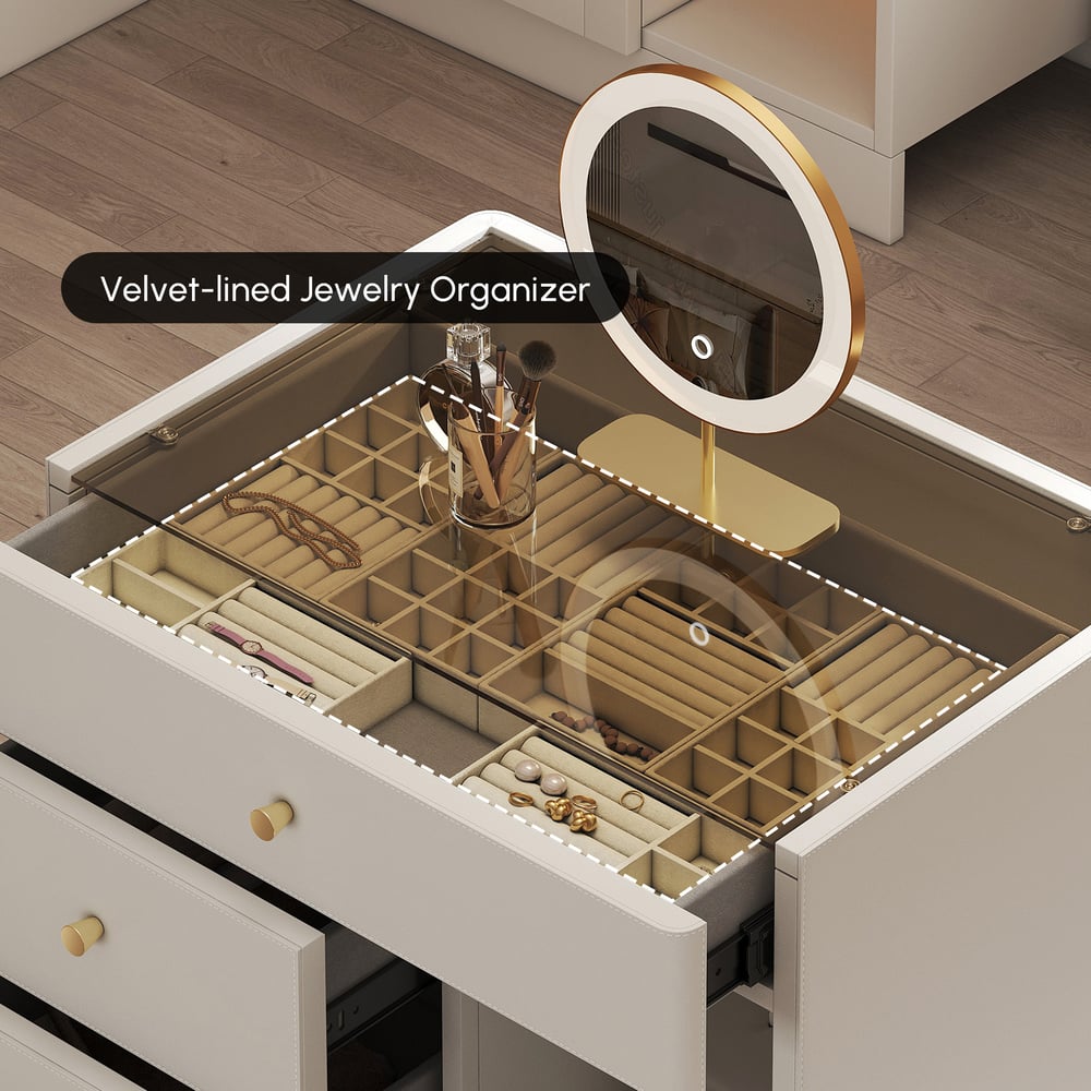 Saddle Leather Walk-In Closet Island Jewelry Dresser with Glass Top window image