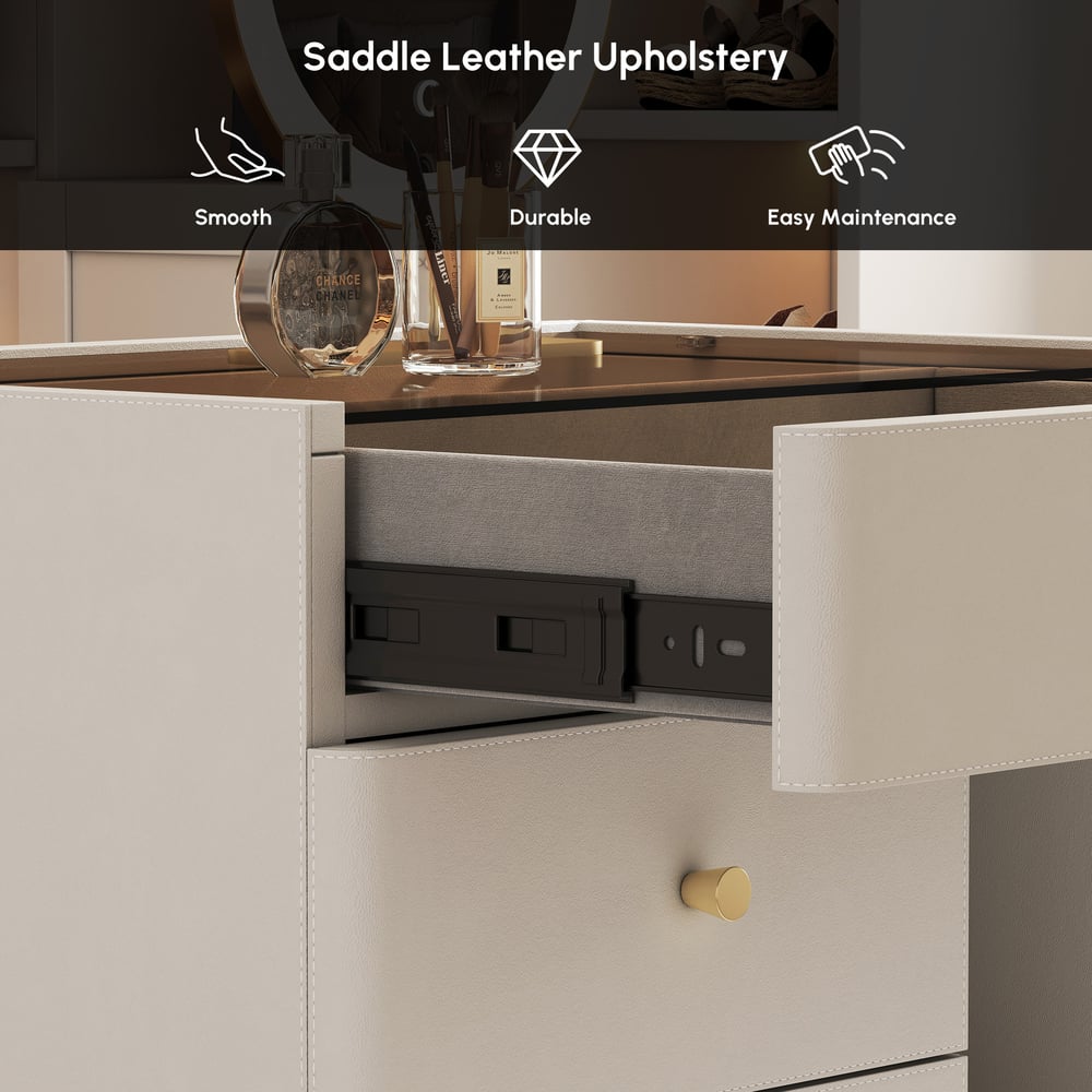 Saddle Leather Walk-In Closet Island Jewelry Dresser with Glass Top window image