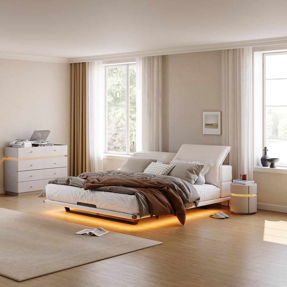 Homary Comodino Intelligente In Pelle Bianca Con Ricarica Wireless E 3 Cassetti