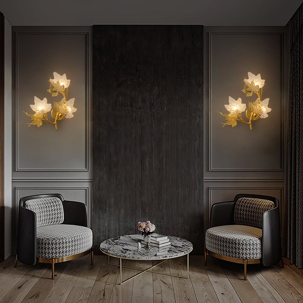 Gold Maple Leaf Wall Sconce – Elegant 3-Light Glass Shade Fixture, 18.1"