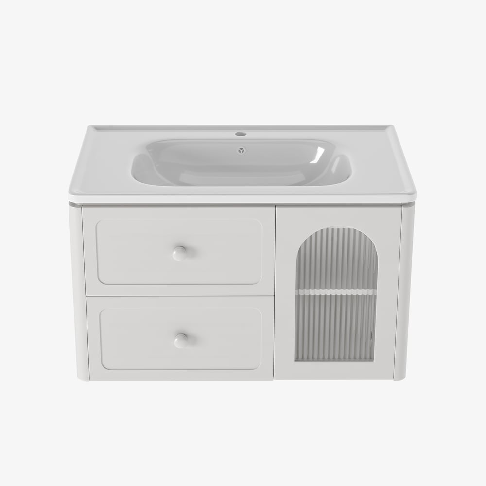 31.5" Modern Floating LED Bathroom Vanity with Ribbed Glass Door & Drawers