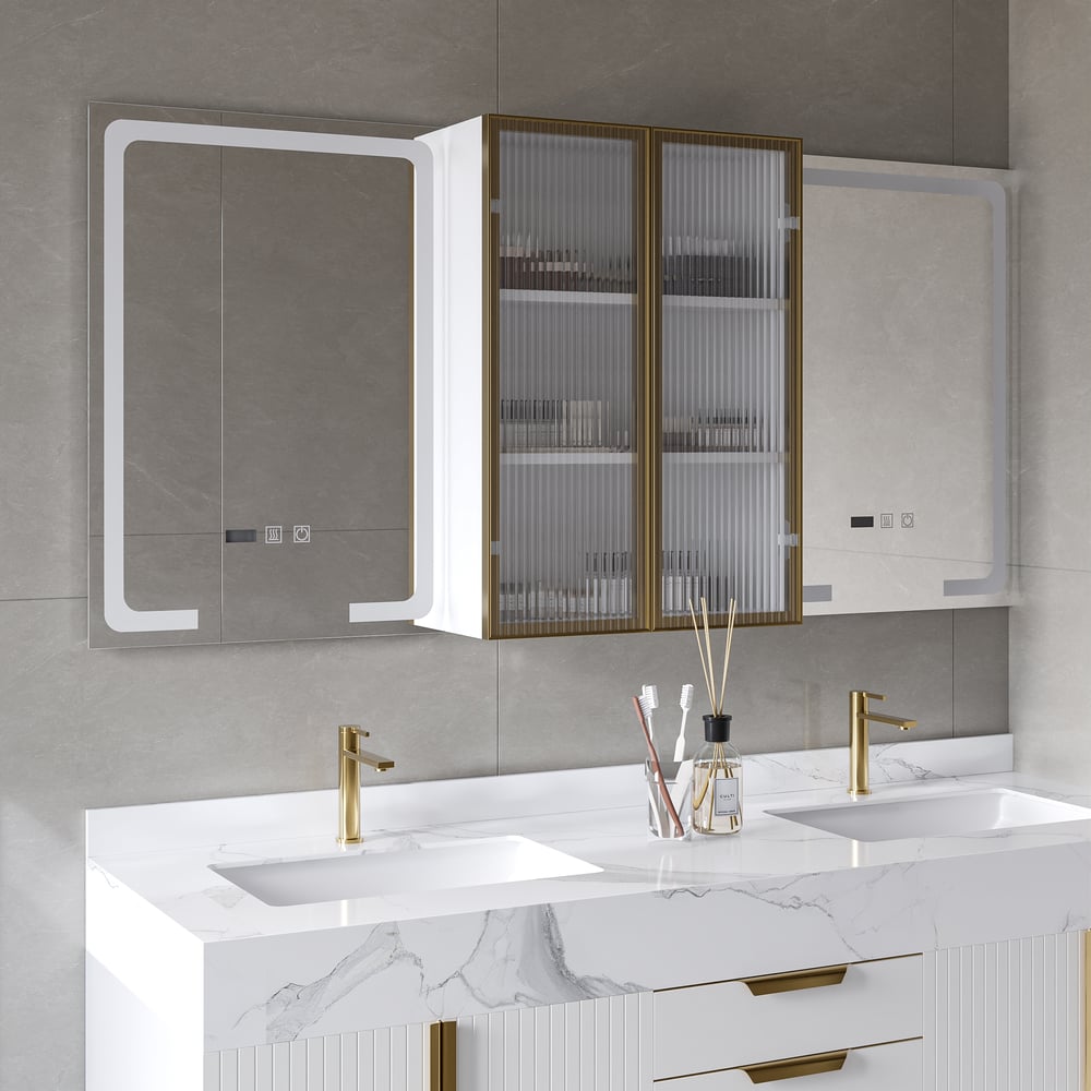 59" LED Lighted Medicine Cabinet Wooden Wall-mounted Bathroom Mirror with Doors window image